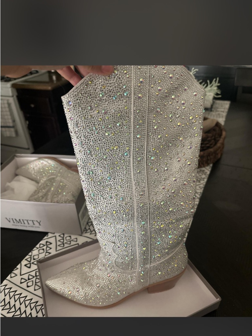 Vimitty Women's Crystal Embellished White Cowboy Bootie